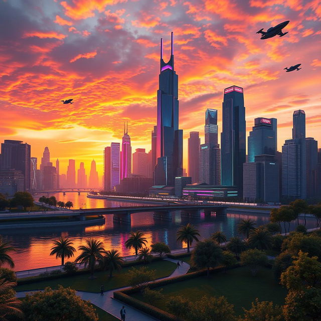 A stunning 3D rendered image featuring a futuristic city skyline at sunset, with towering skyscrapers and vibrant neon lights reflecting on a calm river