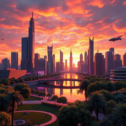 A stunning 3D rendered image featuring a futuristic city skyline at sunset, with towering skyscrapers and vibrant neon lights reflecting on a calm river