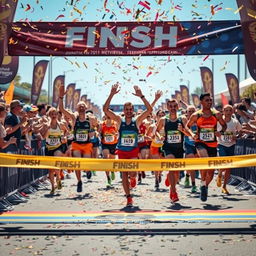A dynamic and exciting finish line photo capturing a thrilling moment of a diverse group of runners crossing the finish line of a marathon
