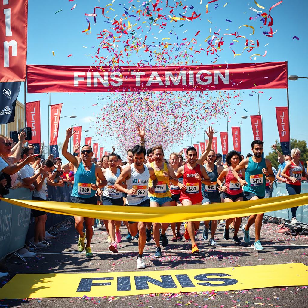A dynamic and exciting finish line photo capturing a thrilling moment of a diverse group of runners crossing the finish line of a marathon
