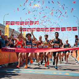 A dynamic and exciting finish line photo capturing a thrilling moment of a diverse group of runners crossing the finish line of a marathon