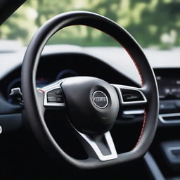 A high-resolution photograph of a modern car's steering wheel