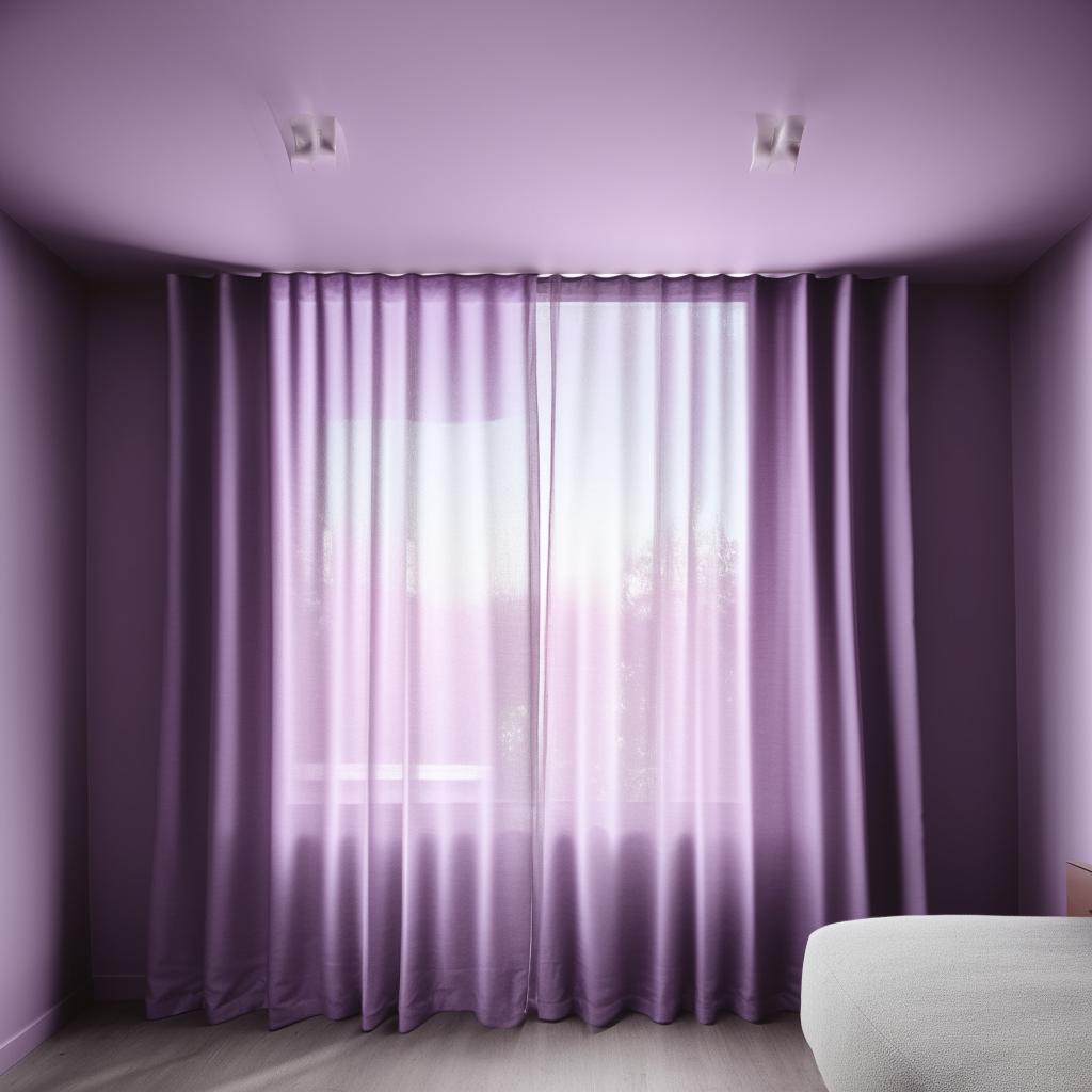 A minimal yet aesthetically pleasing room with purple walls. The room features two sets of windows on adjacent sides, each draped with soft, flowing curtains letting in abundant natural light.