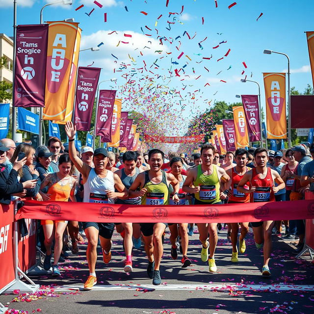 A dynamic and exciting finish line photo capturing a thrilling moment of a diverse group of runners crossing the finish line of a marathon