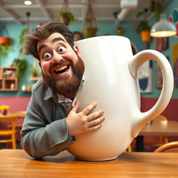 A humorous scene depicting a large man comically wedged inside a giant coffee cup, the cup is oversized and stylized with vibrant colors