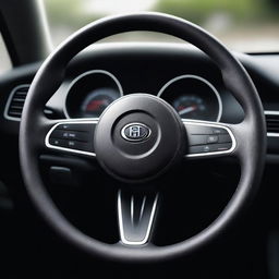 A high-resolution photograph of a modern car's steering wheel