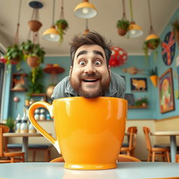 A humorous scene depicting a large man comically wedged inside a giant coffee cup, the cup is oversized and stylized with vibrant colors