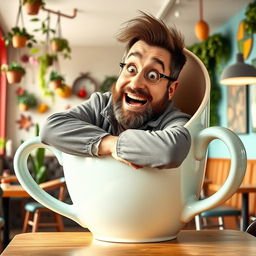 A humorous scene depicting a large man comically wedged inside a giant coffee cup, the cup is oversized and stylized with vibrant colors