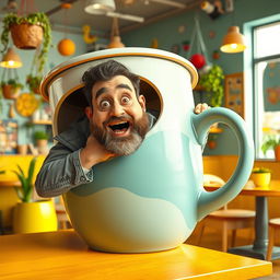 A humorous scene depicting a large man comically wedged inside a giant coffee cup, the cup is oversized and stylized with vibrant colors