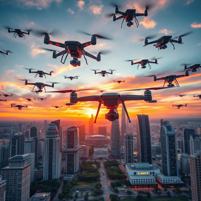 A stunning aerial view of a swarm of advanced drones buzzing over a vibrant cityscape at sunset