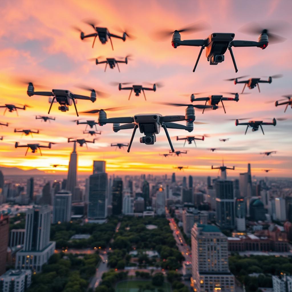 A stunning aerial view of a swarm of advanced drones buzzing over a vibrant cityscape at sunset