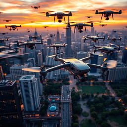 A stunning aerial view of a swarm of advanced drones buzzing over a vibrant cityscape at sunset