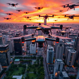 A stunning aerial view of a swarm of advanced drones buzzing over a vibrant cityscape at sunset