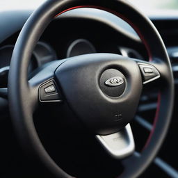 A high-resolution photograph of a modern car's steering wheel