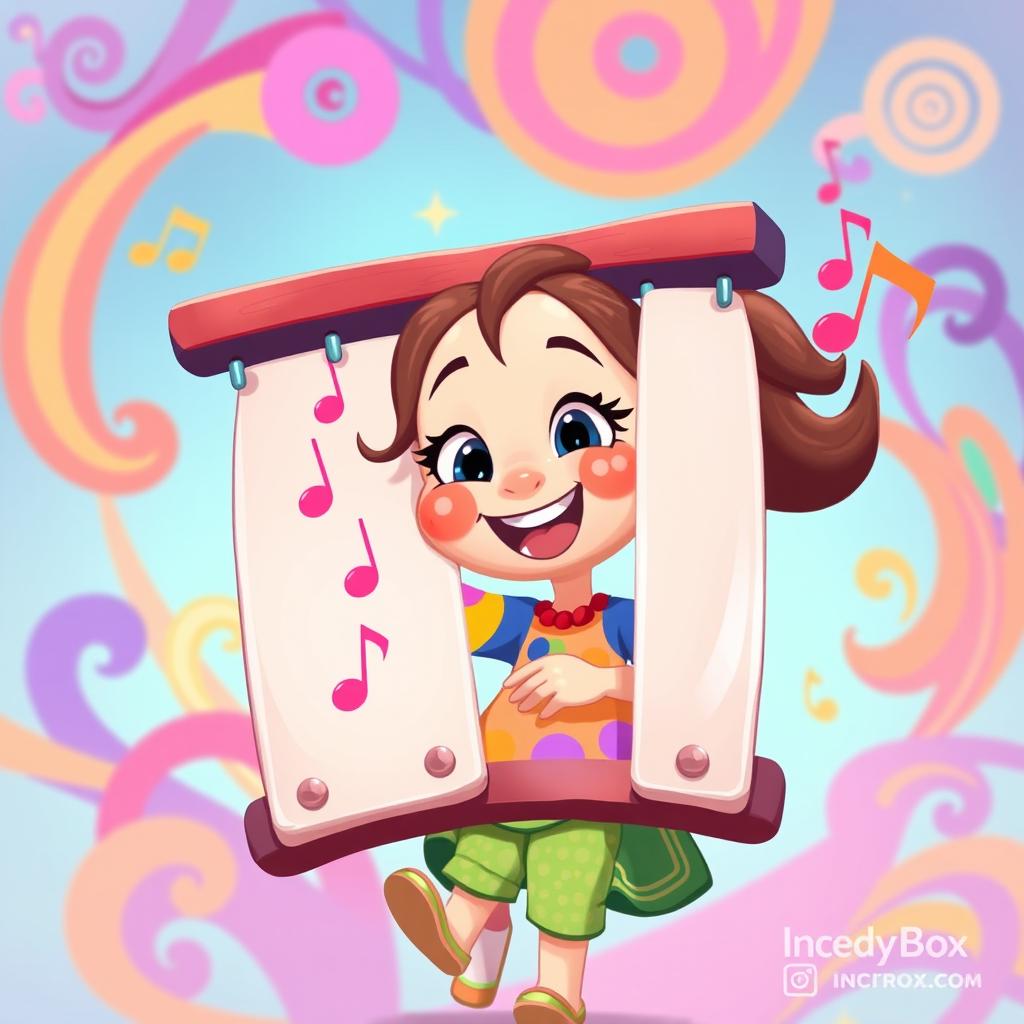 A vibrant 2D illustration of a cheerful girl playing on a set of chimes, inspired by the playful art style of the game IncredyBox