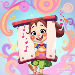 A vibrant 2D illustration of a cheerful girl playing on a set of chimes, inspired by the playful art style of the game IncredyBox