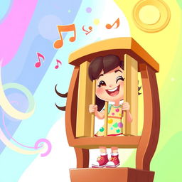 A vibrant 2D illustration of a cheerful girl playing on a set of chimes, inspired by the playful art style of the game IncredyBox