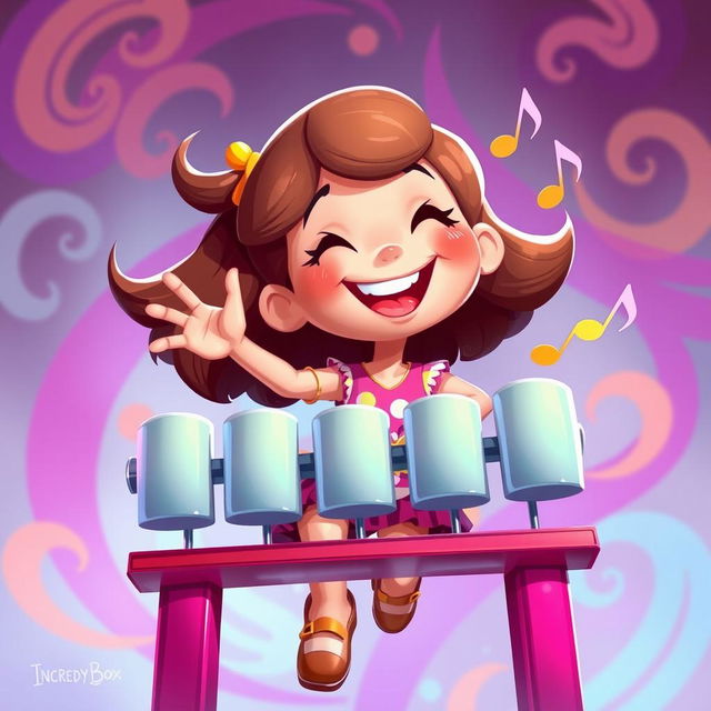 A vibrant 2D illustration of a cheerful girl playing on a set of chimes, inspired by the playful art style of the game IncredyBox