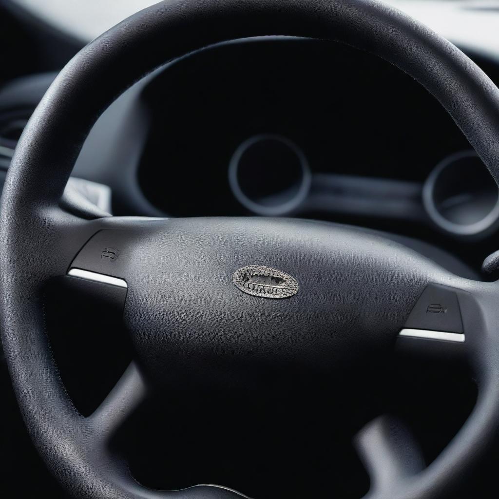 A high-resolution photograph of a Peugeot car's steering wheel