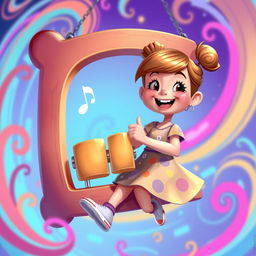 A vibrant 2D illustration of a cheerful girl playing on a set of chimes, inspired by the playful art style of the game IncredyBox