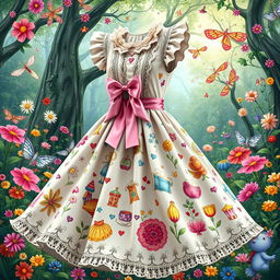 An intricate and whimsical dress design inspired by Alice in Wonderland, featuring playful elements like oversized bows, a frilly neckline, and delicate lace details