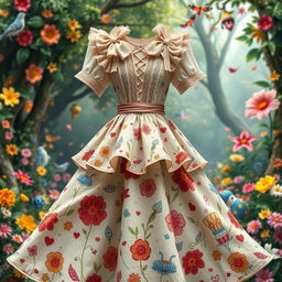 An intricate and whimsical dress design inspired by Alice in Wonderland, featuring playful elements like oversized bows, a frilly neckline, and delicate lace details