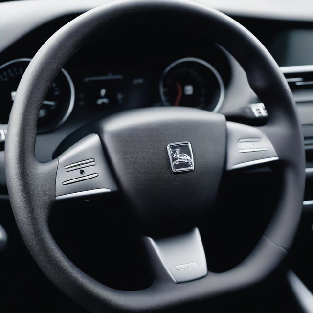 A high-resolution photograph of a Peugeot car's steering wheel