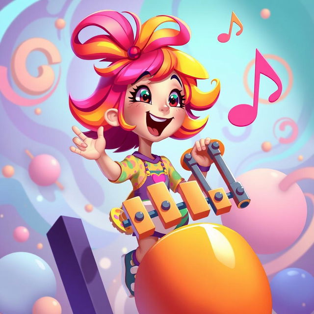 A delightful 2D illustration of a girl playing on a set of chimes, inspired by the vibrant and whimsical art style of the game IncredyBox