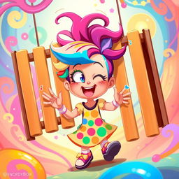 A delightful 2D illustration of a girl playing on a set of chimes, inspired by the vibrant and whimsical art style of the game IncredyBox