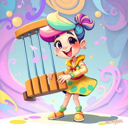 A delightful 2D illustration of a girl playing on a set of chimes, inspired by the vibrant and whimsical art style of the game IncredyBox