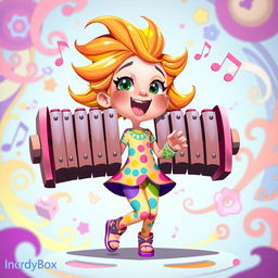A delightful 2D illustration of a girl playing on a set of chimes, inspired by the vibrant and whimsical art style of the game IncredyBox