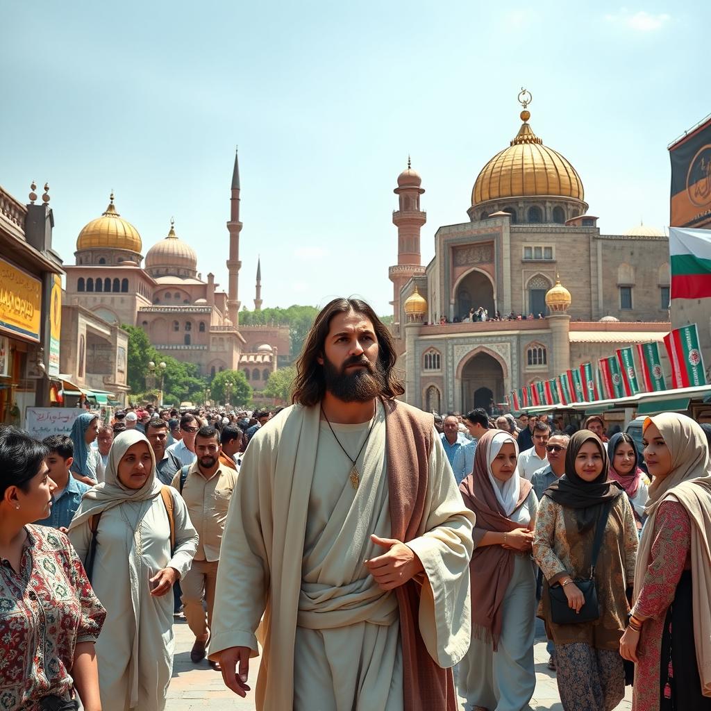 A thought-provoking scene depicting Jesus walking through Tehran, with ancient Persian architecture as the backdrop