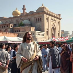 A thought-provoking scene depicting Jesus walking through Tehran, with ancient Persian architecture as the backdrop