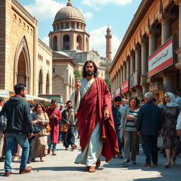 A thought-provoking scene depicting Jesus walking through Tehran, with ancient Persian architecture as the backdrop