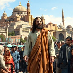 A thought-provoking scene depicting Jesus walking through Tehran, with ancient Persian architecture as the backdrop