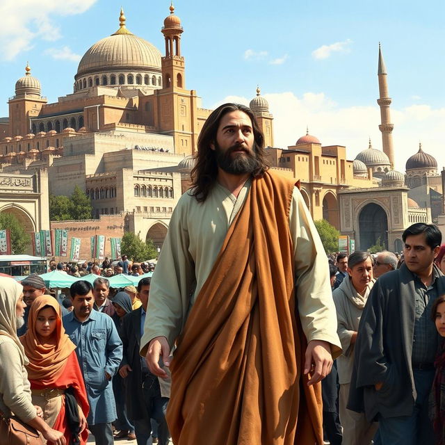 A thought-provoking scene depicting Jesus walking through Tehran, with ancient Persian architecture as the backdrop