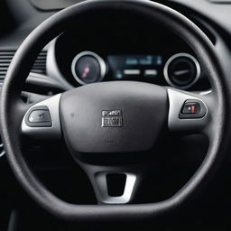 A high-resolution photograph of a Peugeot car's steering wheel