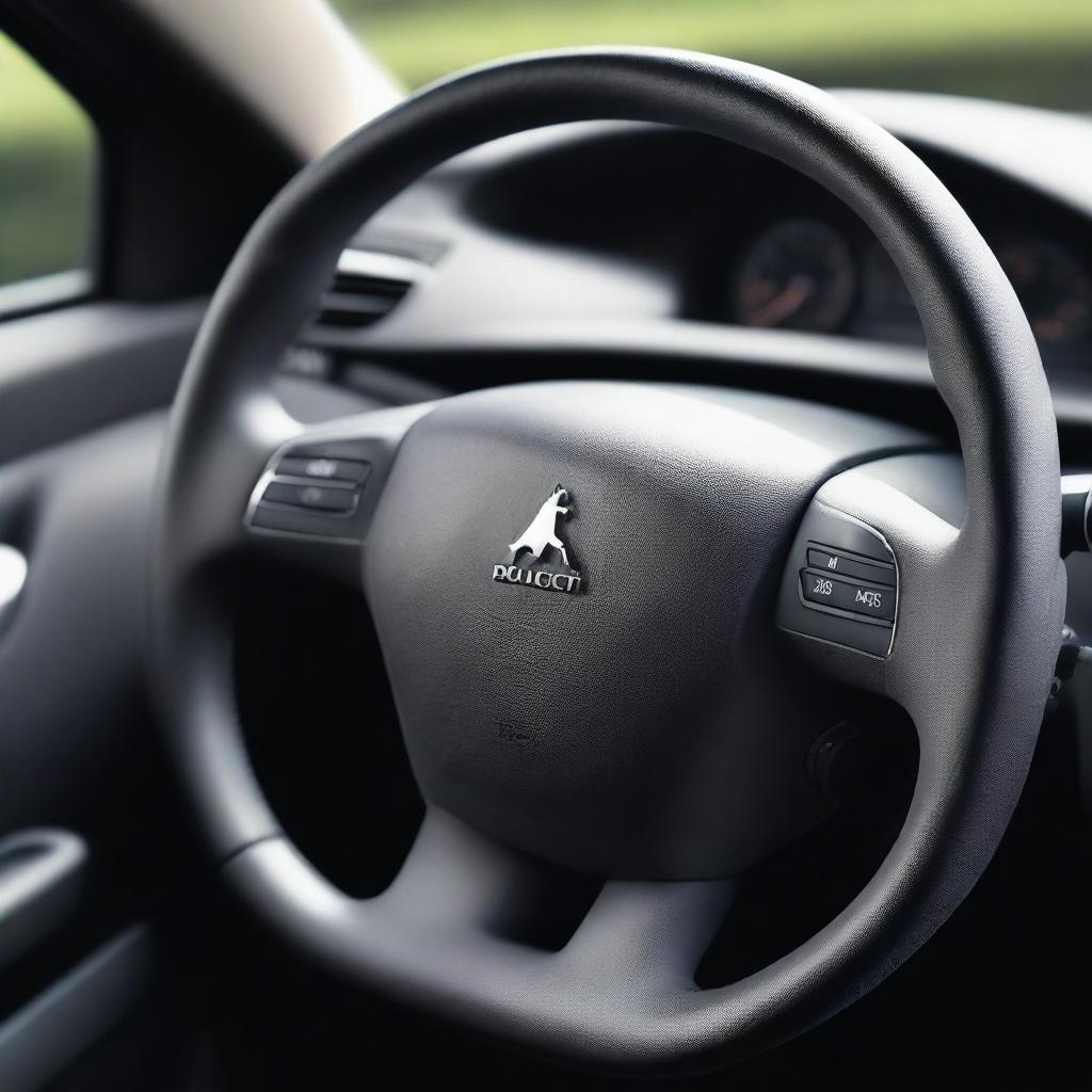 A high-resolution photograph showcasing a Peugeot car's steering wheel