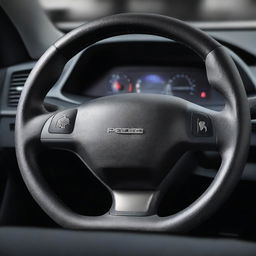 A high-resolution photograph showcasing a Peugeot car's steering wheel