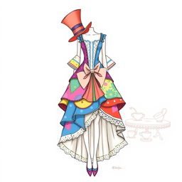 A creative dress illustration sketch combining elements inspired by both the Mad Hatter and Alice in Wonderland