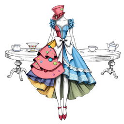 A creative dress illustration sketch combining elements inspired by both the Mad Hatter and Alice in Wonderland