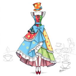 A creative dress illustration sketch combining elements inspired by both the Mad Hatter and Alice in Wonderland