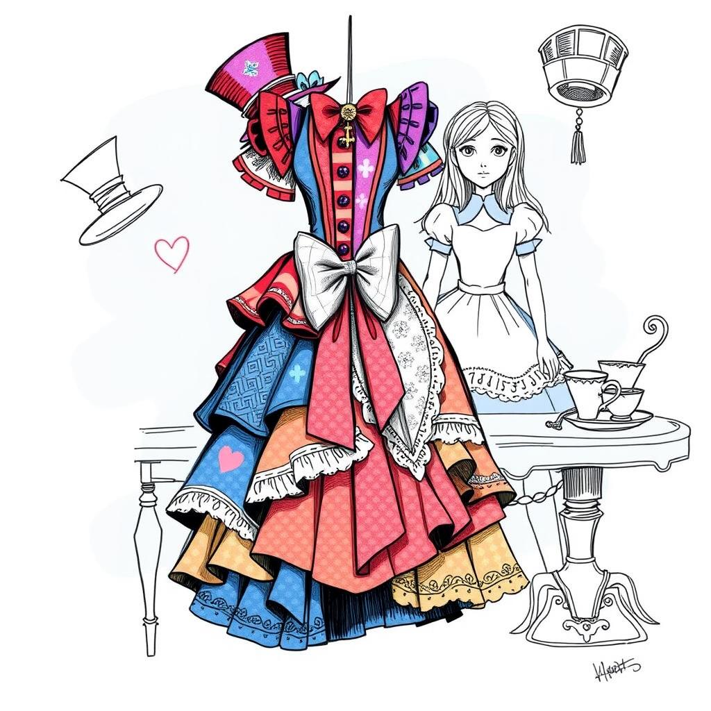 A creative dress illustration sketch combining elements inspired by both the Mad Hatter and Alice in Wonderland