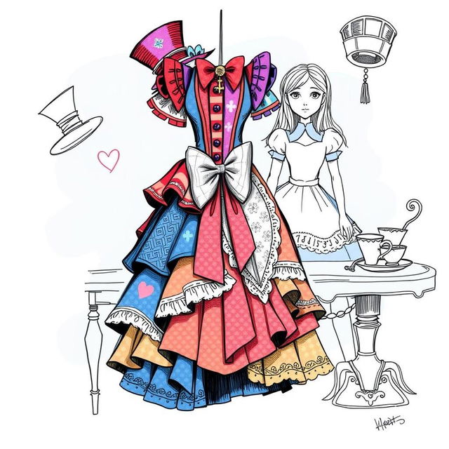 A creative dress illustration sketch combining elements inspired by both the Mad Hatter and Alice in Wonderland