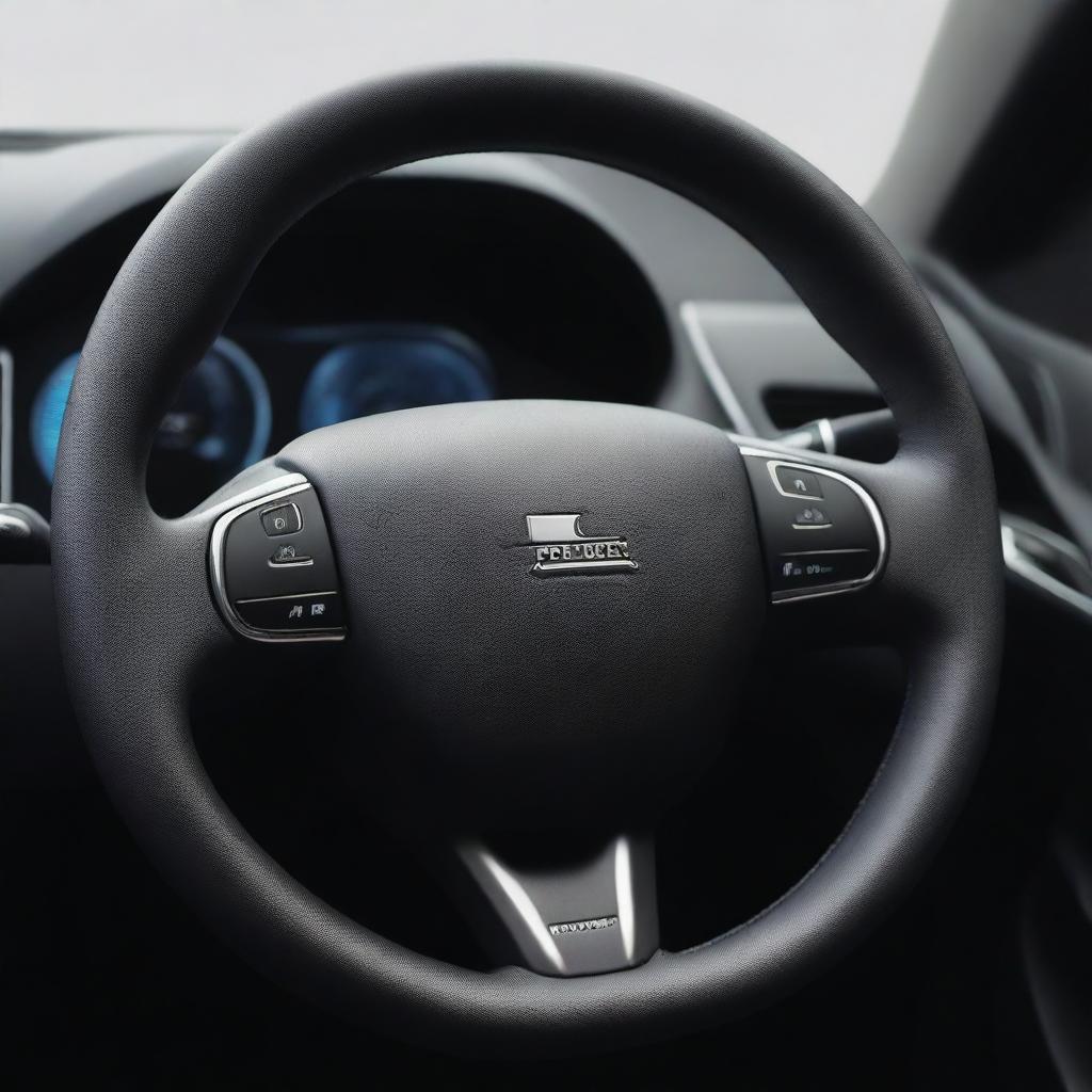 A high-resolution photograph showcasing a Peugeot car's steering wheel