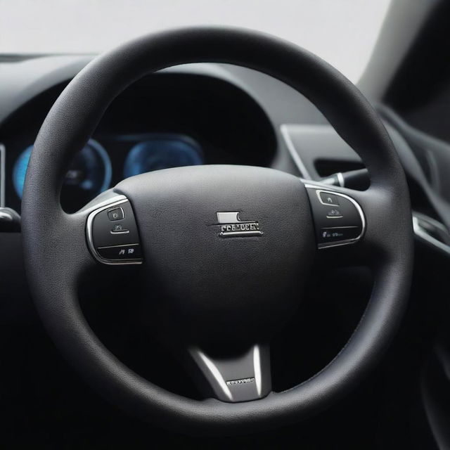 A high-resolution photograph showcasing a Peugeot car's steering wheel