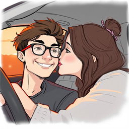 A romantic sketch of a young man with glasses sitting in the driver's seat of a car