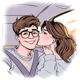 A romantic sketch of a young man with glasses sitting in the driver's seat of a car