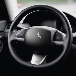 A high-resolution photograph showcasing a Peugeot car's steering wheel