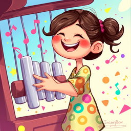 A colorful 2D illustration of a joyful girl playing on a set of chimes, inspired by the whimsical art style of the game IncredyBox